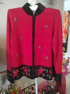 Christmas Cardigan Zip Up Sweater Red Embellished Size X Large
